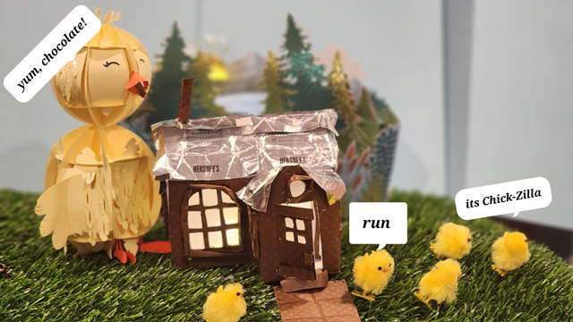 Chocolate Easter house with yellow Peep chicken