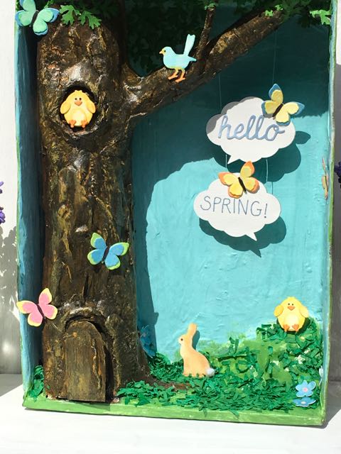 Easy DIY cardboard Spring Mixed Media Shadow box with tree butterflies bunnies and chicks