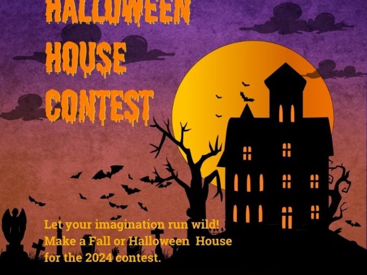spooky Halloween house on purple and black background