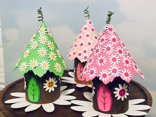 3 daisy fairy houses in pink and green