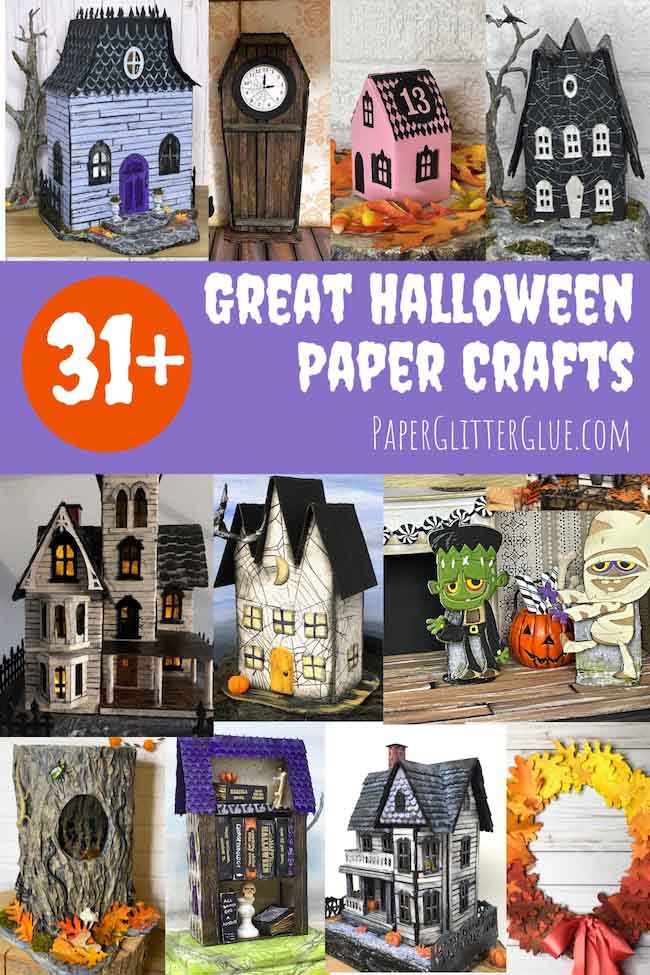 Photo collage of paper crafts mostly miniature Halloween houses 31 Halloween paper crafts