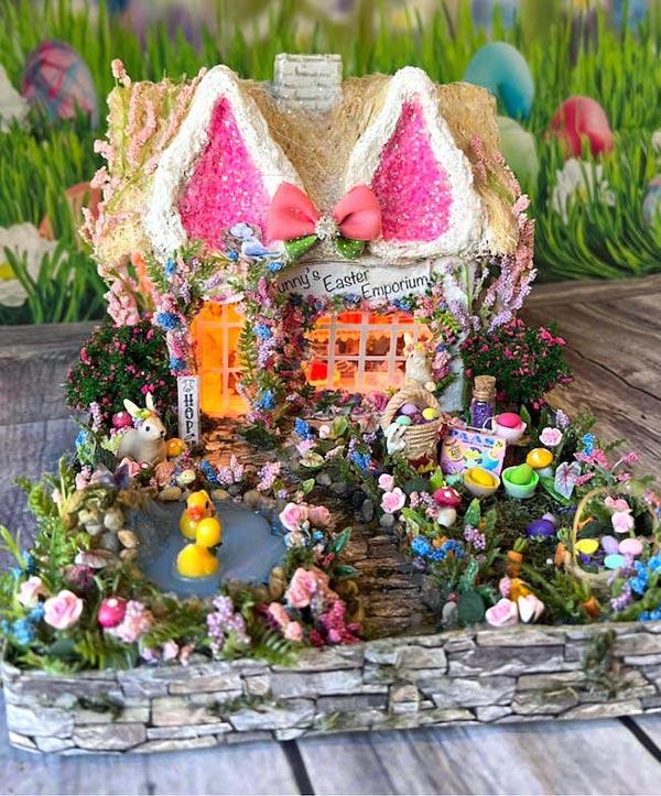 Kimberly Ann's Easter Emporium with a million colors, bunnies, chicks, pond, Easter Eggs, bunny-ear dormers!