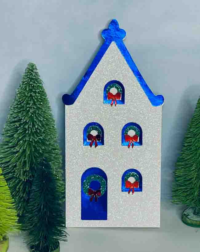 Amsterdam House Christmas Card no. 3 in white glitter paper and blue trim