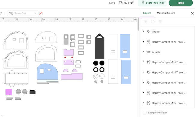 Camper travel trailer pieces separated in Cricut Design Space