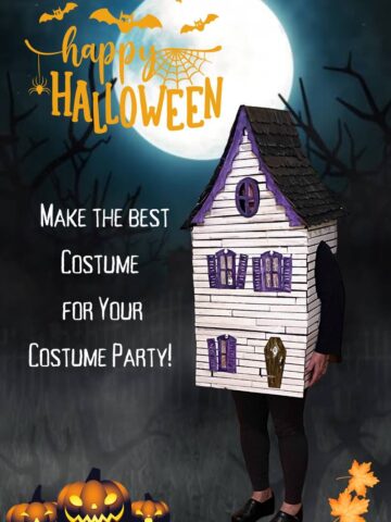 Cardboard House Costume in front of moon and bats