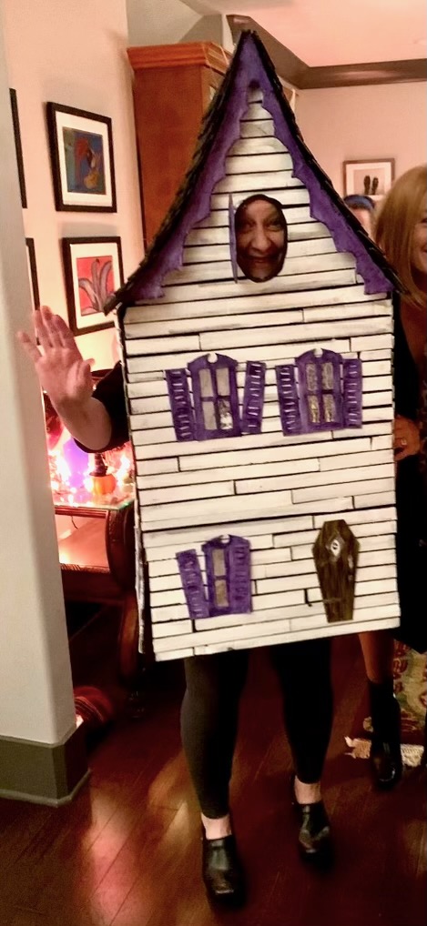 Cardboard House costume at party
