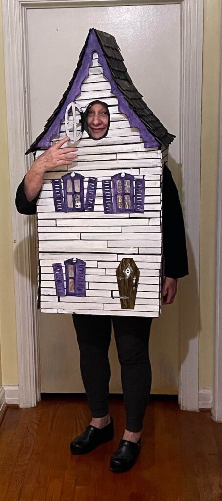 Cardboard house costume ready to go to party