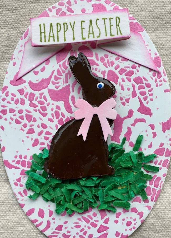 Chocolate bunny card with shredded grass