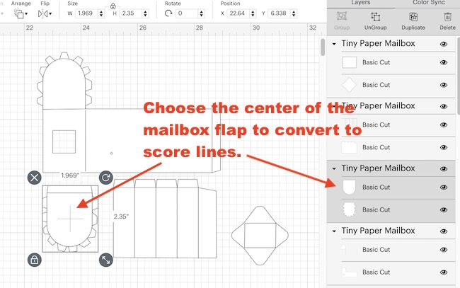 Choose center of mailbox flap to convert to score line seen in Cricut Design Space