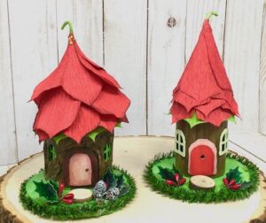 Red roof fairy houses with tree stump bases
