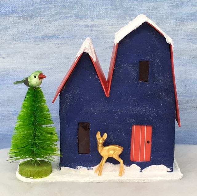 Christmas putz house no 1 with green tree and gold deer
