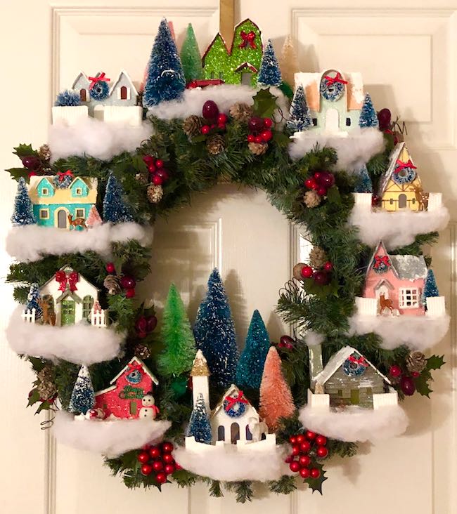 Christmas village wreath in miniature paper glitter houses from Iris