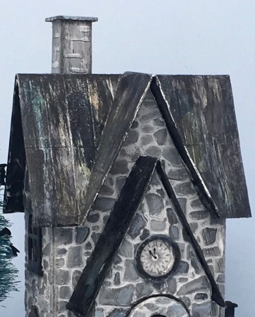 Metal roof close-up on Greystone Clock House Halloween house to add to your spooky Halloween decor #putzhouse #paperpattern #papercraft