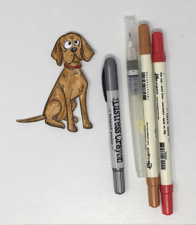 Color the stamped dog image with distress pens crayons