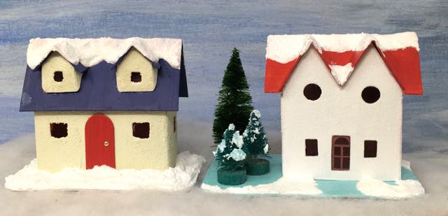 Comparison of dormer winter cottage with Twin Gable Front Christmas putz house