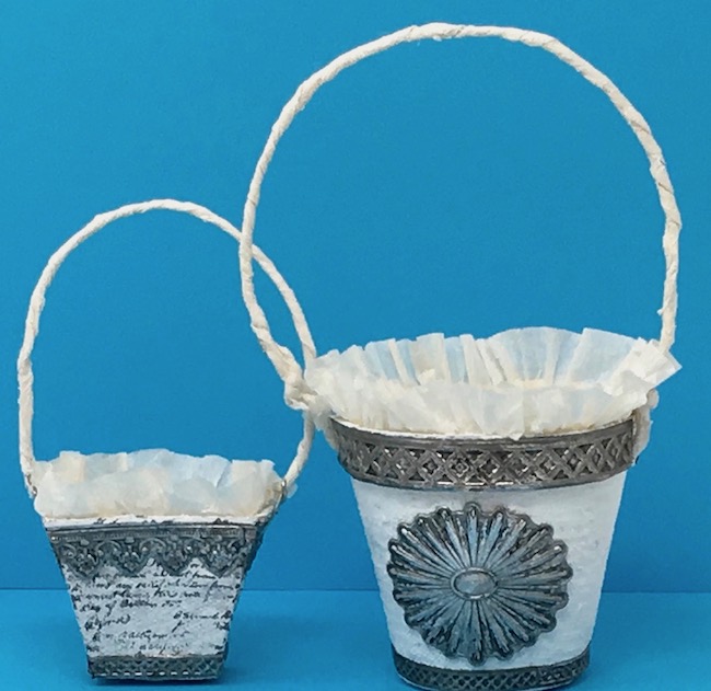 Crepe paper trim applied inside peat pot Easter basket