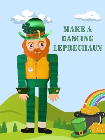Dancing Leprechaun in front hills and pot of gold