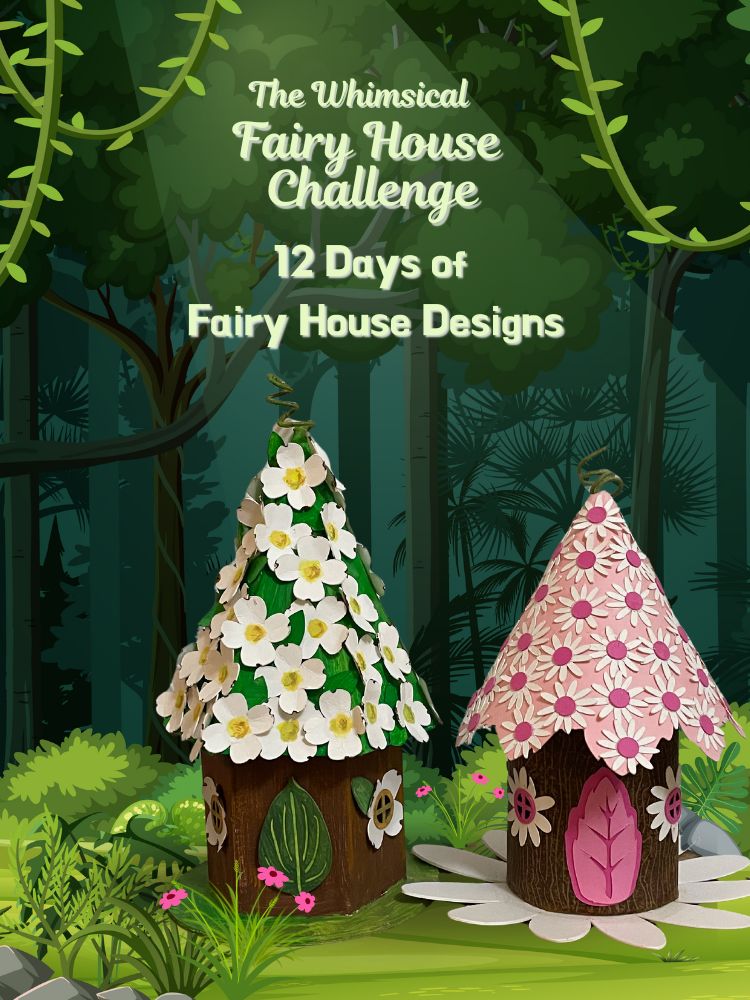 2 fairy houses covered with flowers in forest