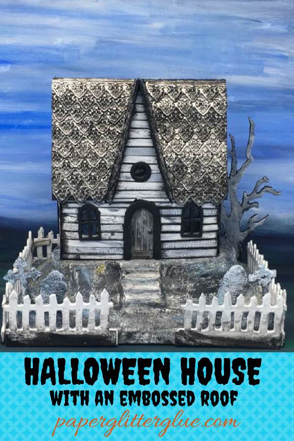 Halloween Paper House with an embossed roof made with Tim Holtz Impresslit die #putzhouse #halloween #papercraft