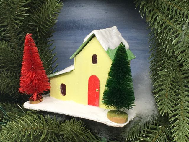 Front angle view of the Split level Christmas putz house #paperhousepatterns #putzpatterns #printabletemplate