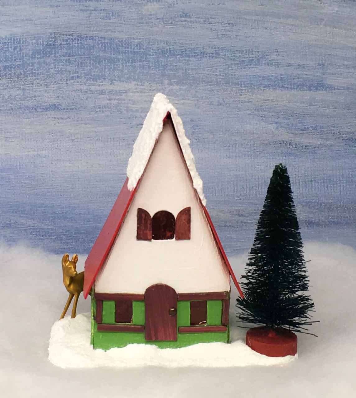 Front view of the miniature Swiss Chalet Christmas Putz house you can make easily for your Christmas village