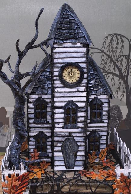 Front willow Haunted Schoolhouse Putz house #putzhouse #halloweendecor #papercraft