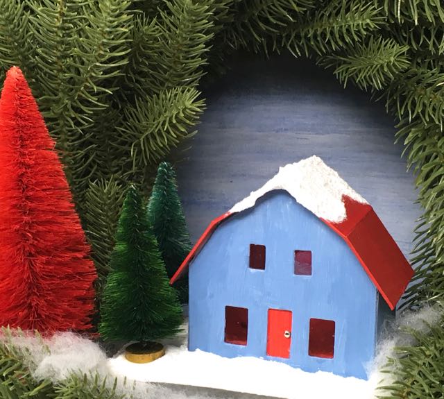 Frosty Barn Christmas Putz House with three bottle brush trees instructions and free pattern to make this little Putz house