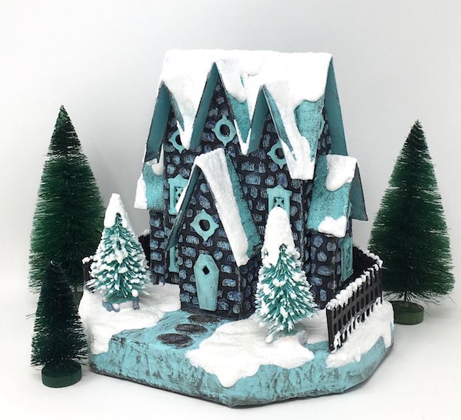 Frosty version of the Stone House with snow on all the gables with a sprinkling of light glitter.