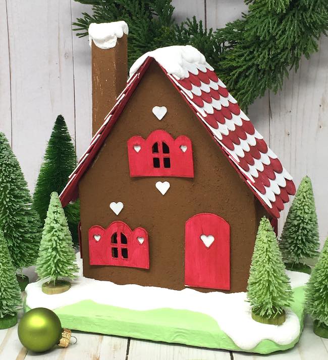 Gingerbread Cardboard Cottage with red and white shingles