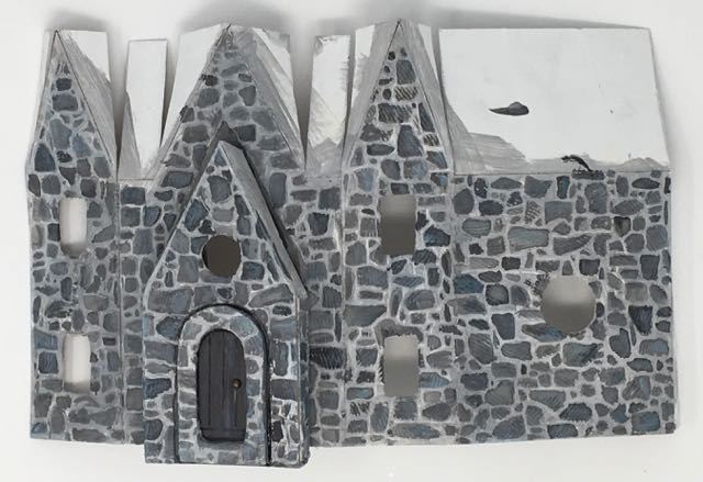 Greystone clock paper putz house painted for stone texture #halloweenhouse #putzhouse #paperpattern #papercraft