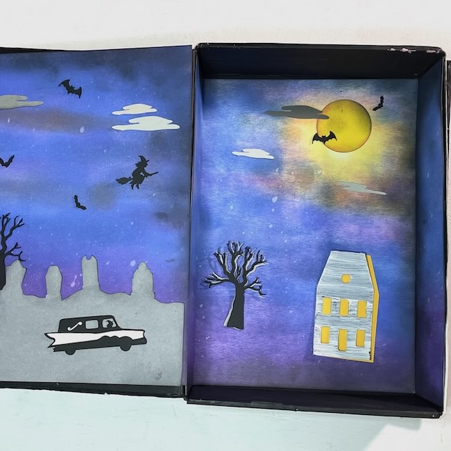 Halloween Book Diorama with dark inky backgrounds