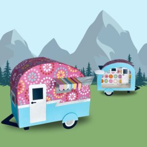Happy Camper with mountain background