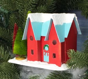 Happy Holiday Putz House glitter house in wreath