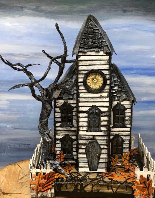 Haunted Schoolhouse Putz house stormy twisted tree #putzhouse #paperhouse #papercraft #Halloweendecor