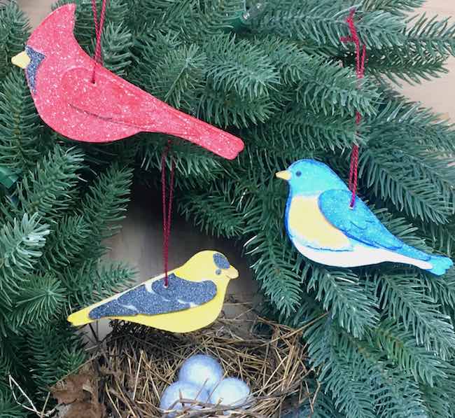 DIY Bird Ornaments Cardinal Goldfinch and Bluebird Paper Glitter Glue