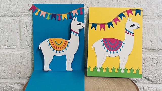 2 llama pop-up cards blue and yellow backgrounds