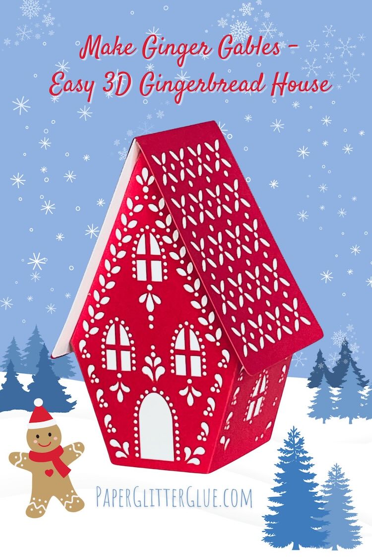Red gingerbread house on snowy background