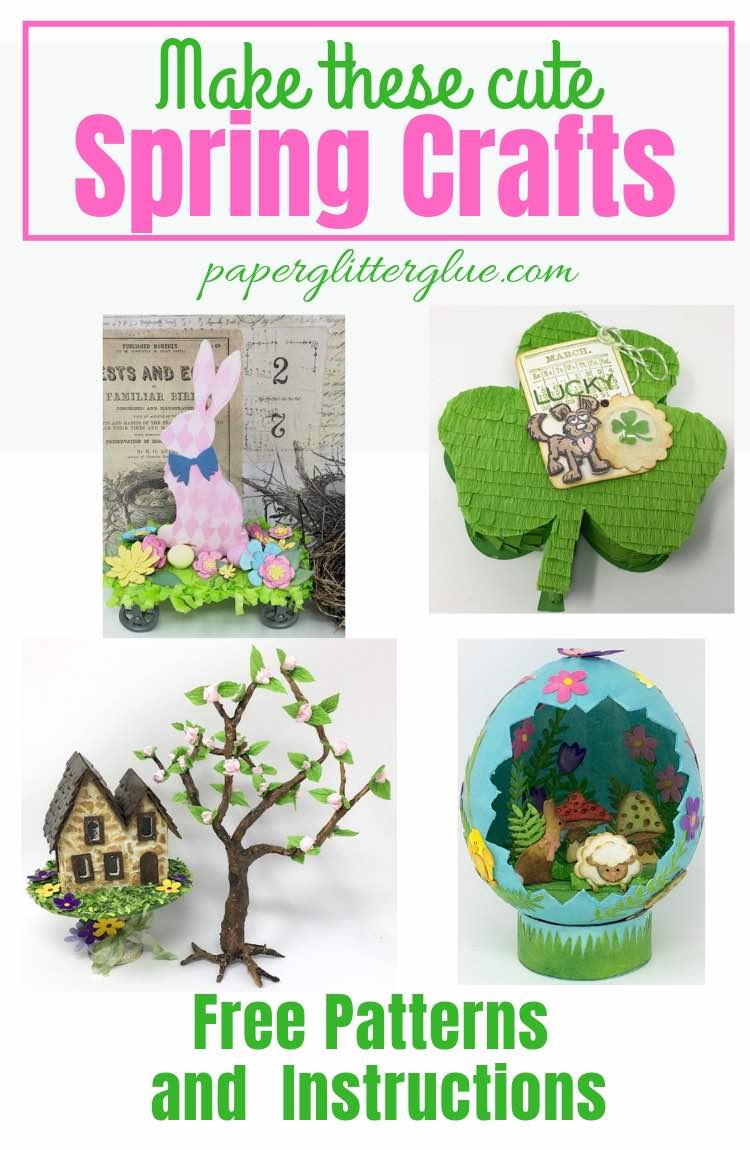 Spring crafts paper mache egg bunny pull toy flowering cherry tree shamrock candy box