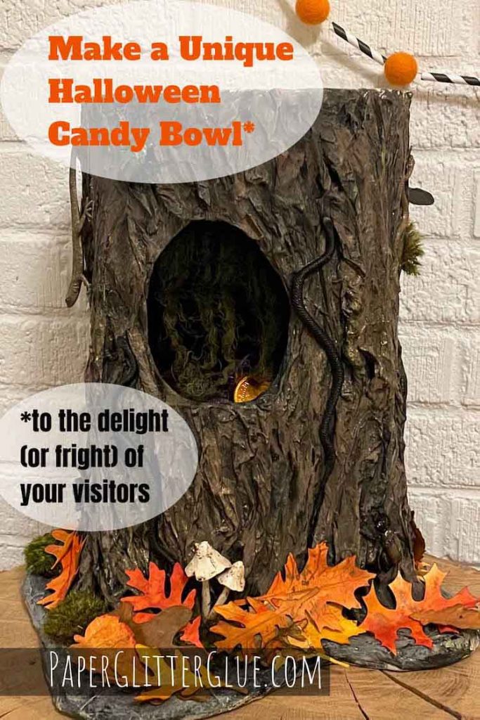 Make a Unique Halloween Candy Bowl as a tree stump covered with creepy crawly snakes and insects