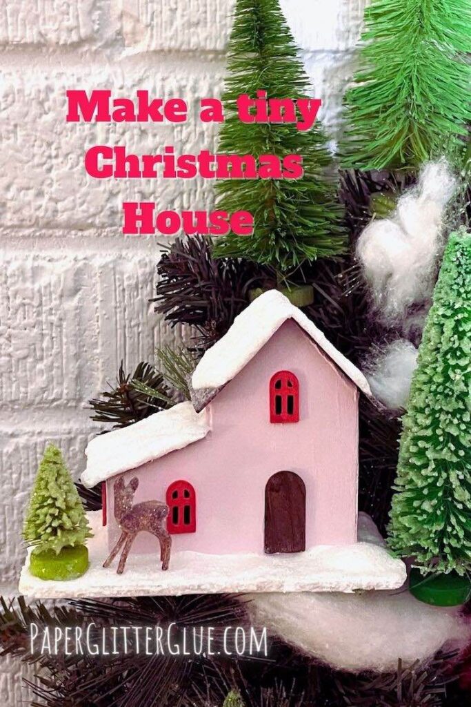 Tiny Pink Christmas Putz house on wreath