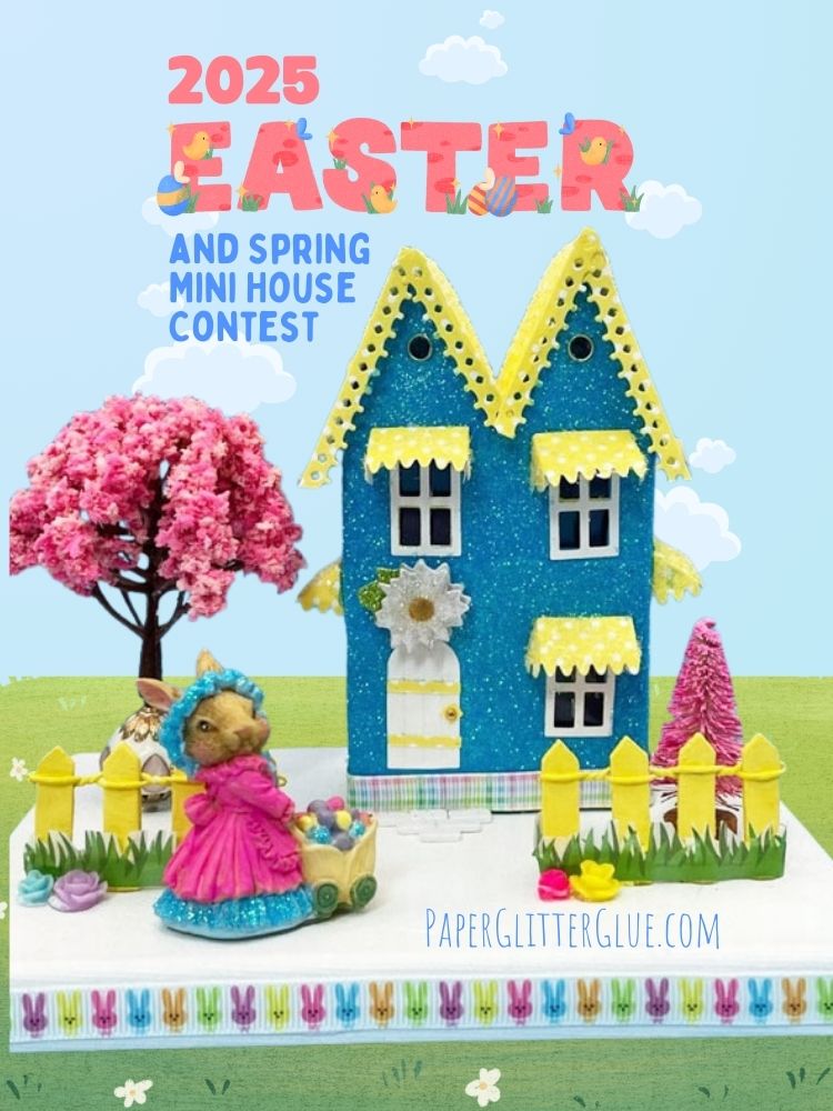 Cute Easter House with yellow roof and trim bunny in front
