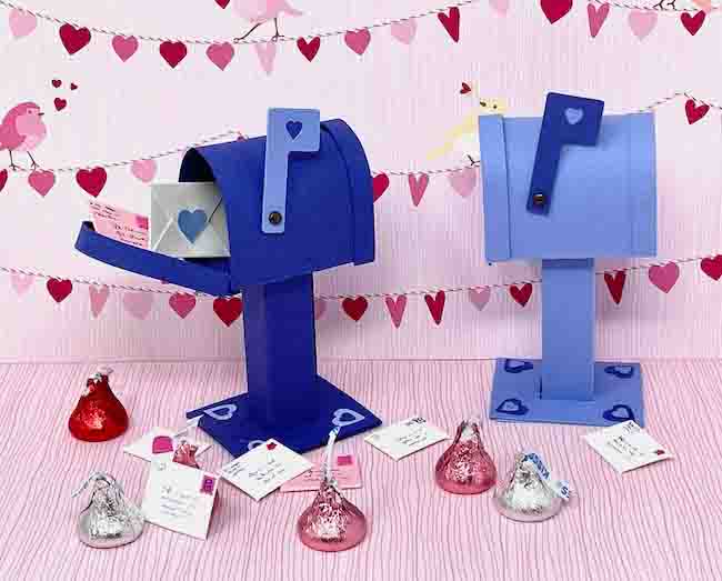 Miniature blue paper mailboxes for Valentines Day
