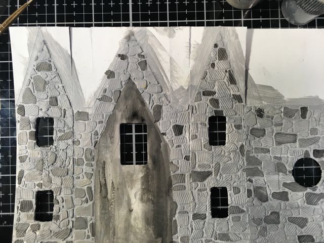 Paint stone texture for the Greystone Halloween paper house #halloweenhouse #putzhouse #paperpattern #papercraft 