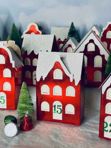 Red Foil Paper Village house candy boxes for advent