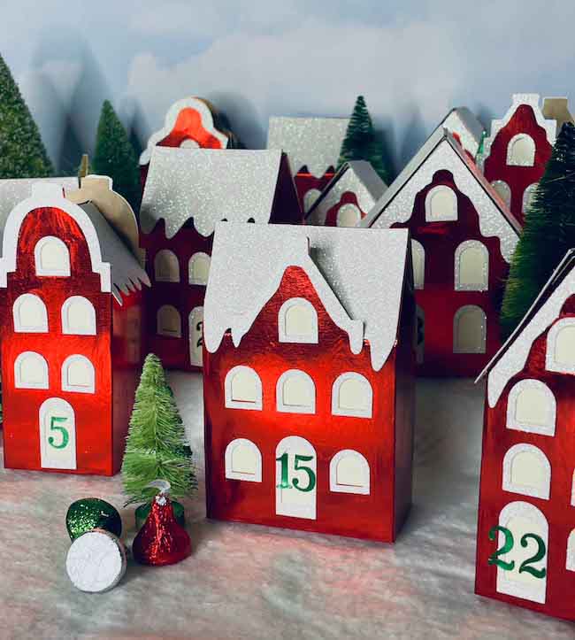 Red Foil Paper Village house candy boxes for advent