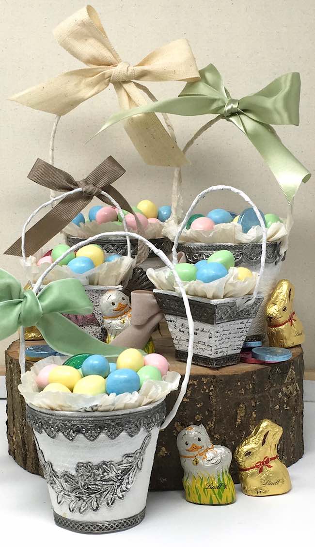 Peat pot Easter baskets filled with candy Tim Holtz Impresslits