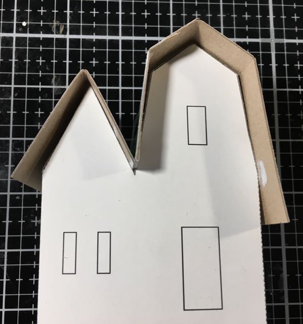 Prototype christmas putz house with roof pieces in place