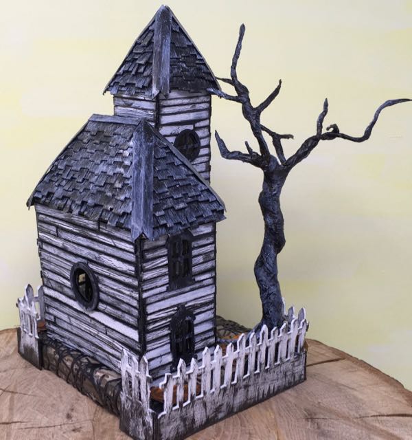 Haunted schoolhouse putz house back angle of hipped roof #putzhouse #papercraft #halloweendecor