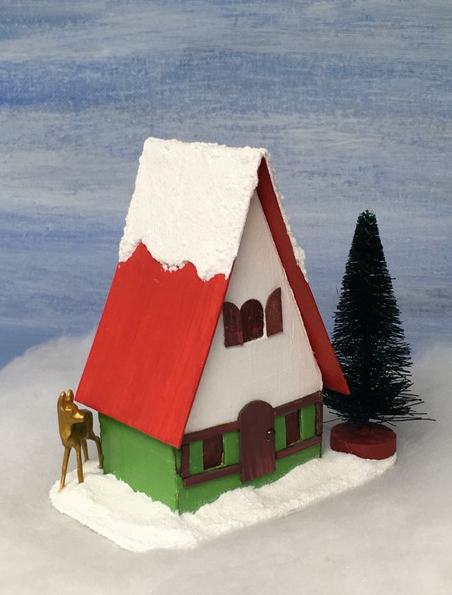 Side view of the Swiss Chalet Christmas Putz house - a little easy to make cardboard house made for a Christmas village.