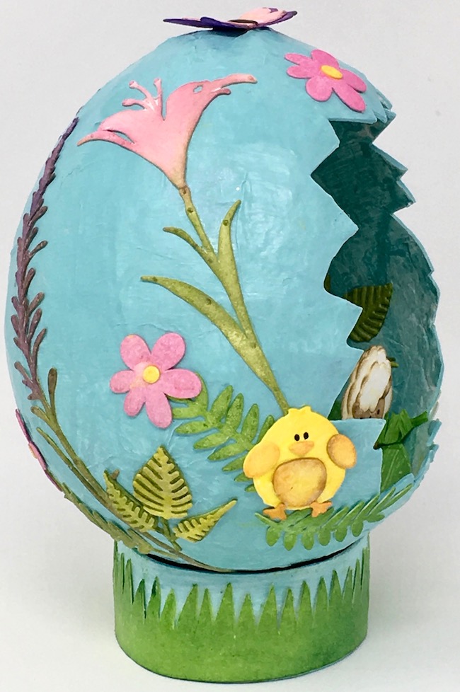 Side paper mache Easter egg decoupage chick Spring flower elements